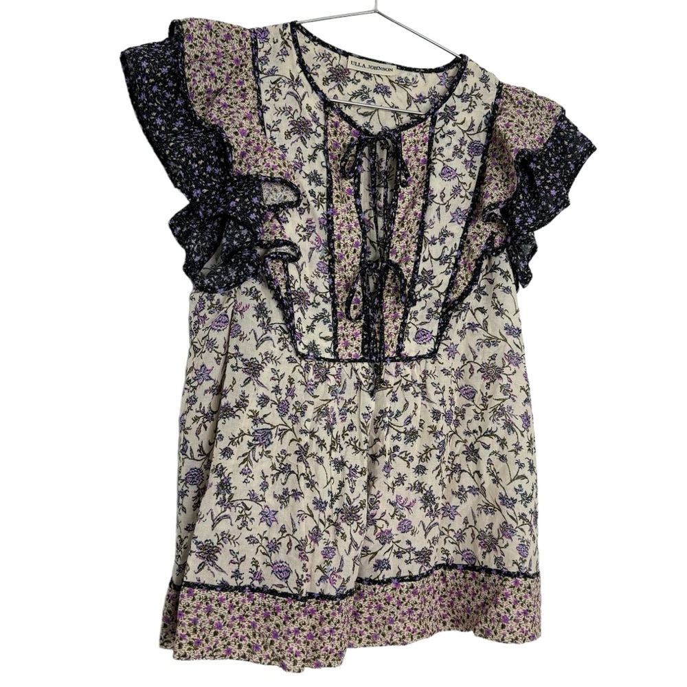 Ulla Johnson Cora Top‎ Cream Purple Floral Print Ruffle - Picture 2 of 9